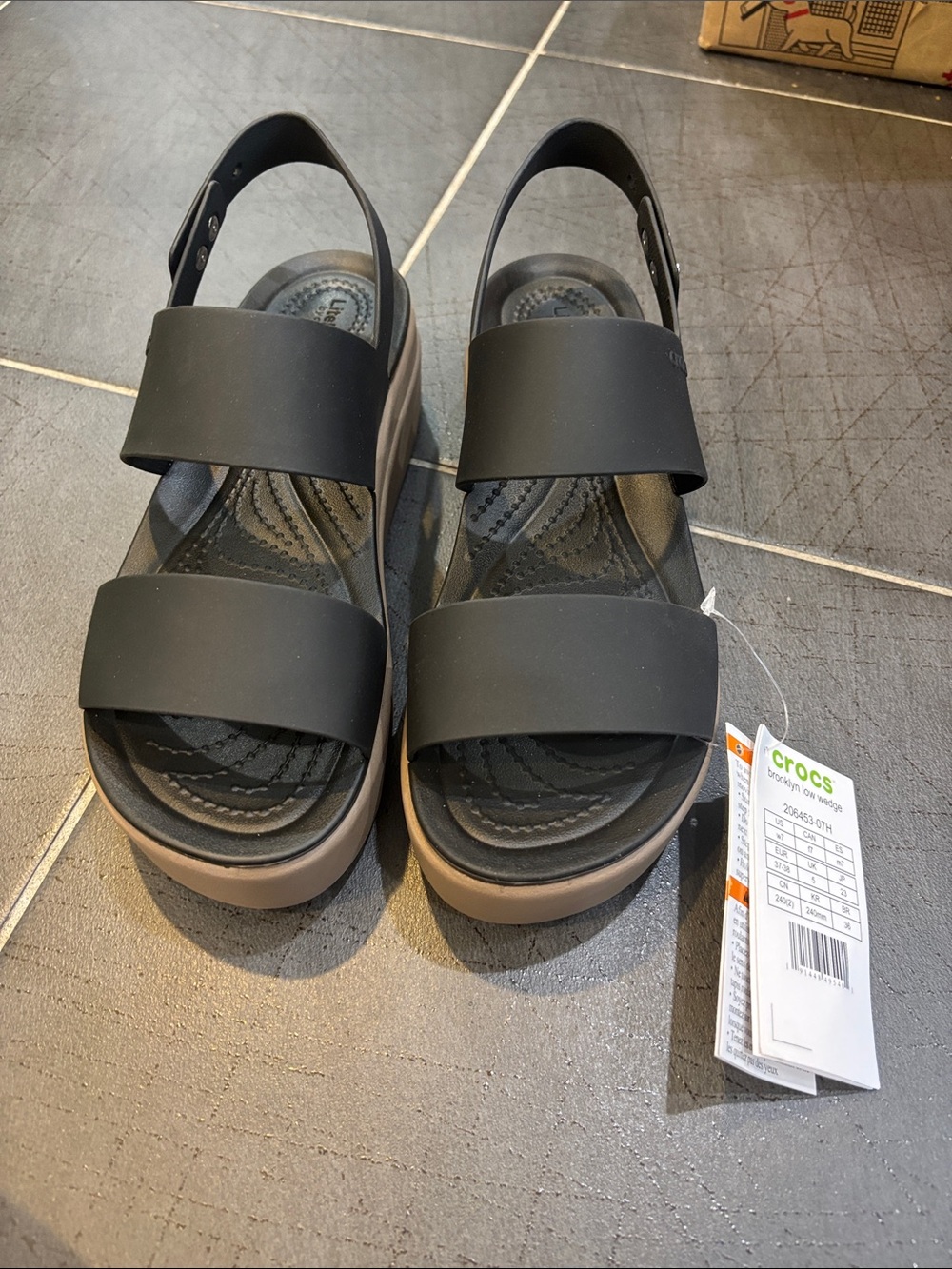 CROCS Brooklyn Low Wedge Sandals in Black and Mushroom - Picture 2 of 5